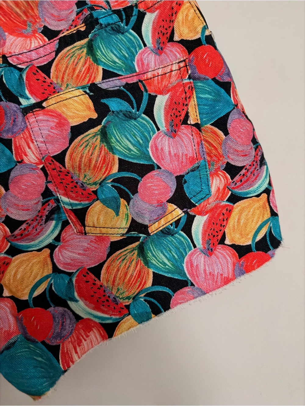 Zara Multicolor Fruit Print Denim Shorts — Teal, Pink, Yellow - Picture 3 of 3